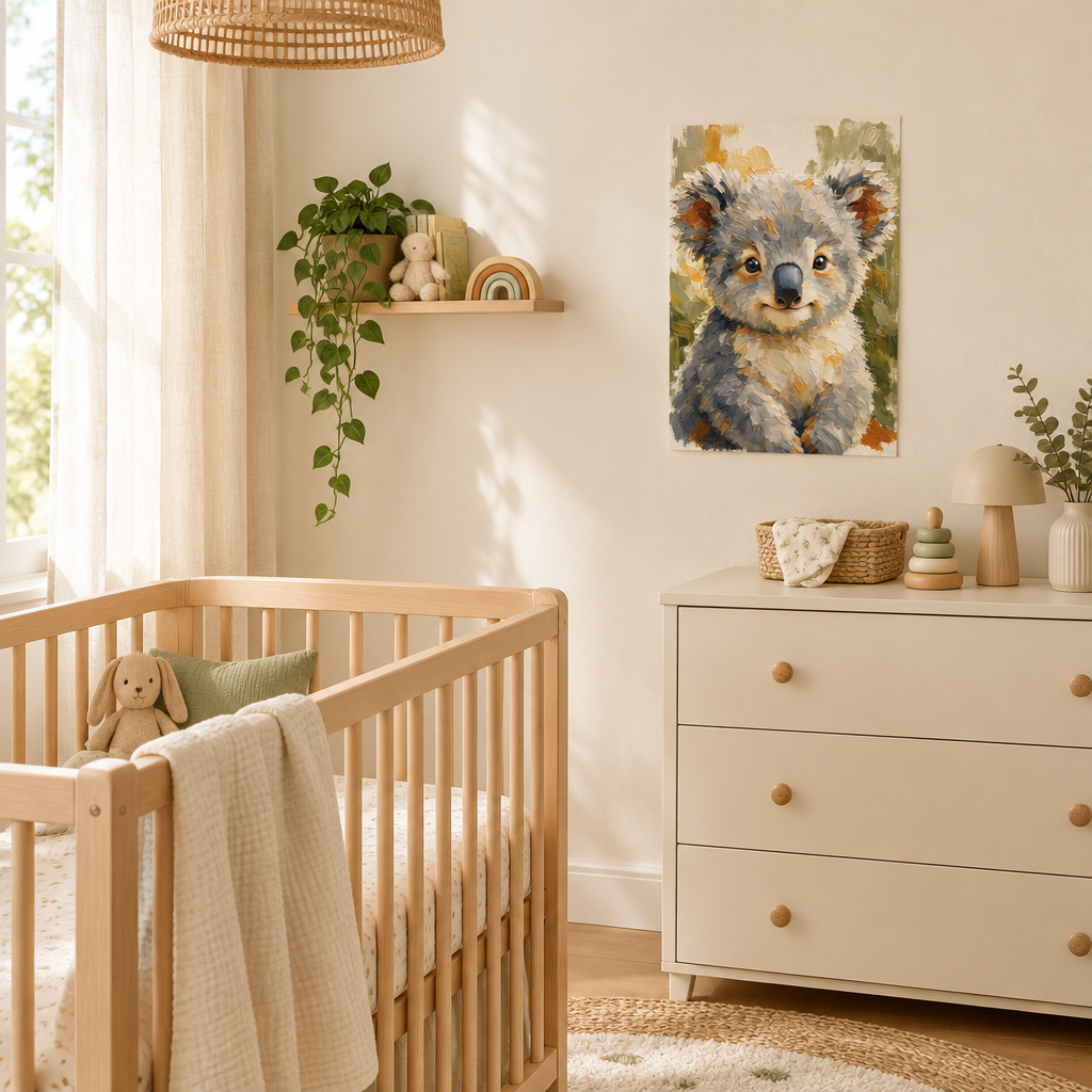  Poster koala A3 sans cadre affiché près d’un berceau dans une chambre de bébé