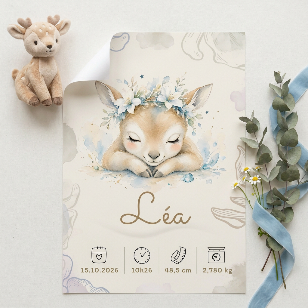Poster Léa à plat avec une peluche faon et des accessoires bleu clair