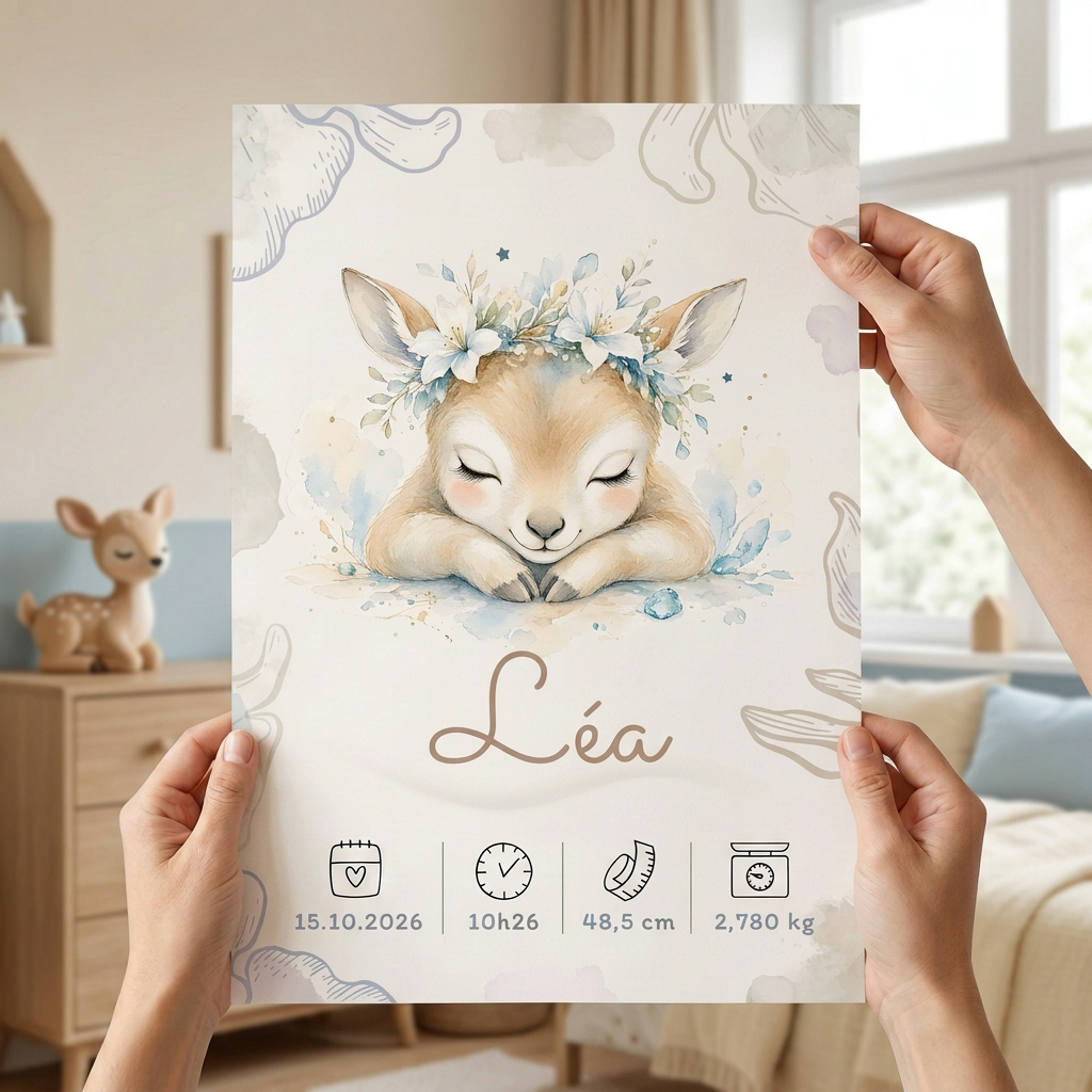Poster Léa sans cadre tenu en main dans une chambre aux tons crème et bleu clair