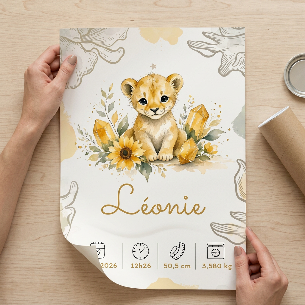 Poster Léonie en cours de déroulage avec son tube kraft