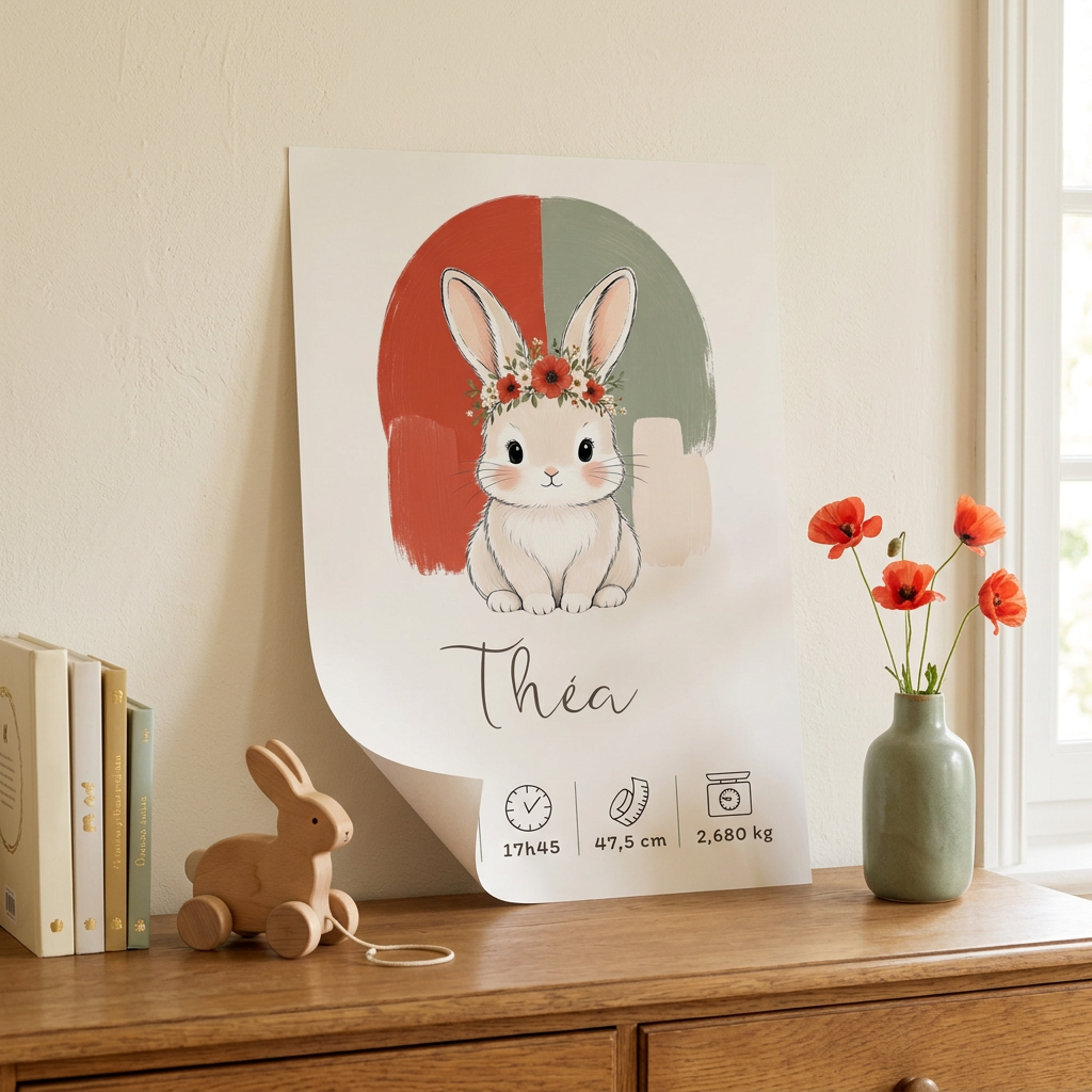 Poster Lapin coquelicot posé contre un mur sur une commode