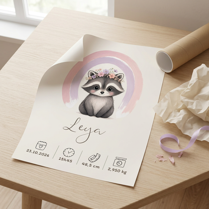 Poster Leya près de son tube kraft, avec un coin de papier relevé