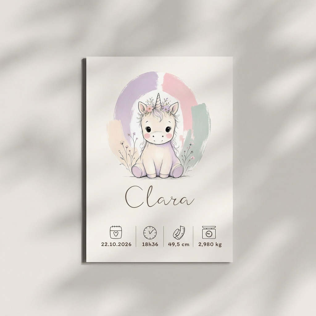 Poster licorne Clara sans cadre sur fond clair