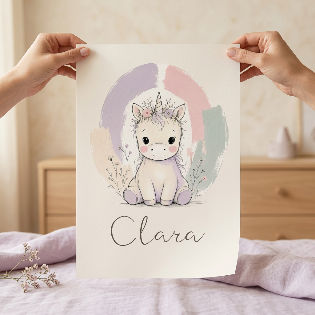 Poster licorne Clara sans cadre, tenu entre deux mains dans une ambiance pastel