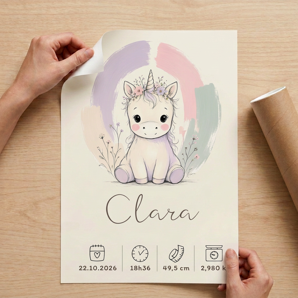 Poster licorne Clara sur une table avec un coin du papier soulevé