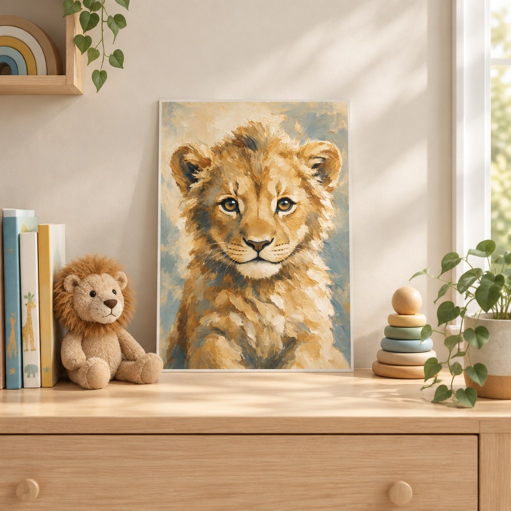 Poster lionceau sans cadre posé sur une commode dans une chambre d’enfant