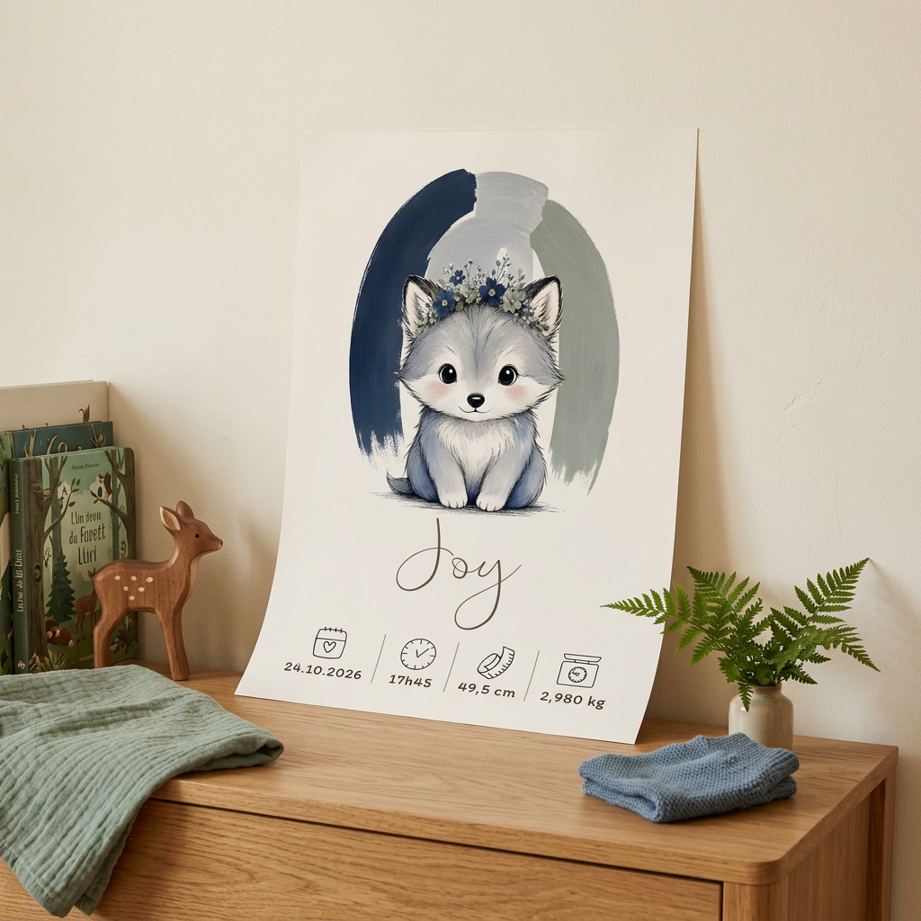Poster Loup Joy posé contre un mur, sans cadre ni scotch