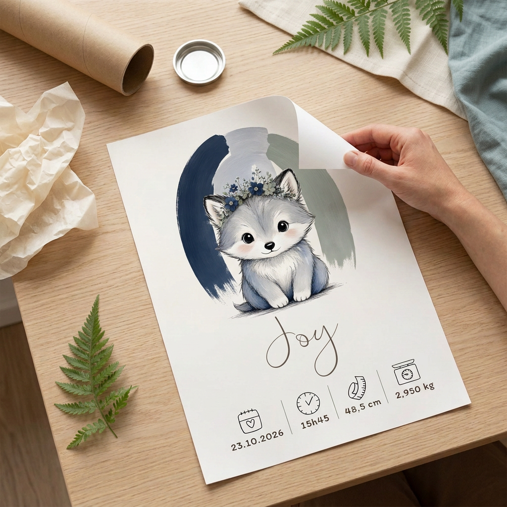 Poster Loup Joy sans cadre près de son tube kraft, ambiance forêt