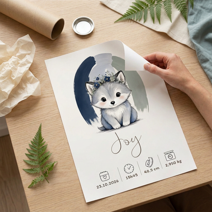 Poster Loup Joy sans cadre près de son tube kraft, ambiance forêt