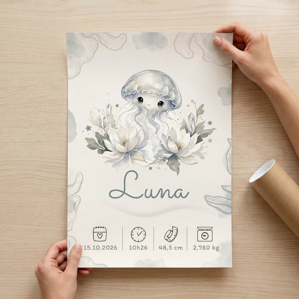 Poster Luna tenu sur une table avec son tube kraft