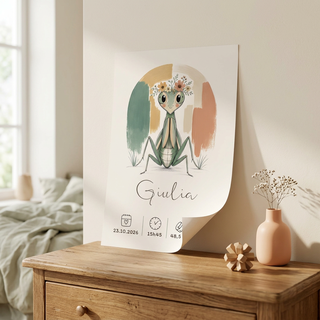 Poster Mante religieuse Giulia posé contre un mur, sans cadre ni scotch