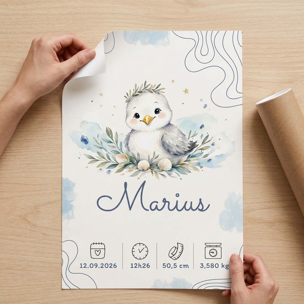Poster Marius sur une table avec les bords du papier visibles