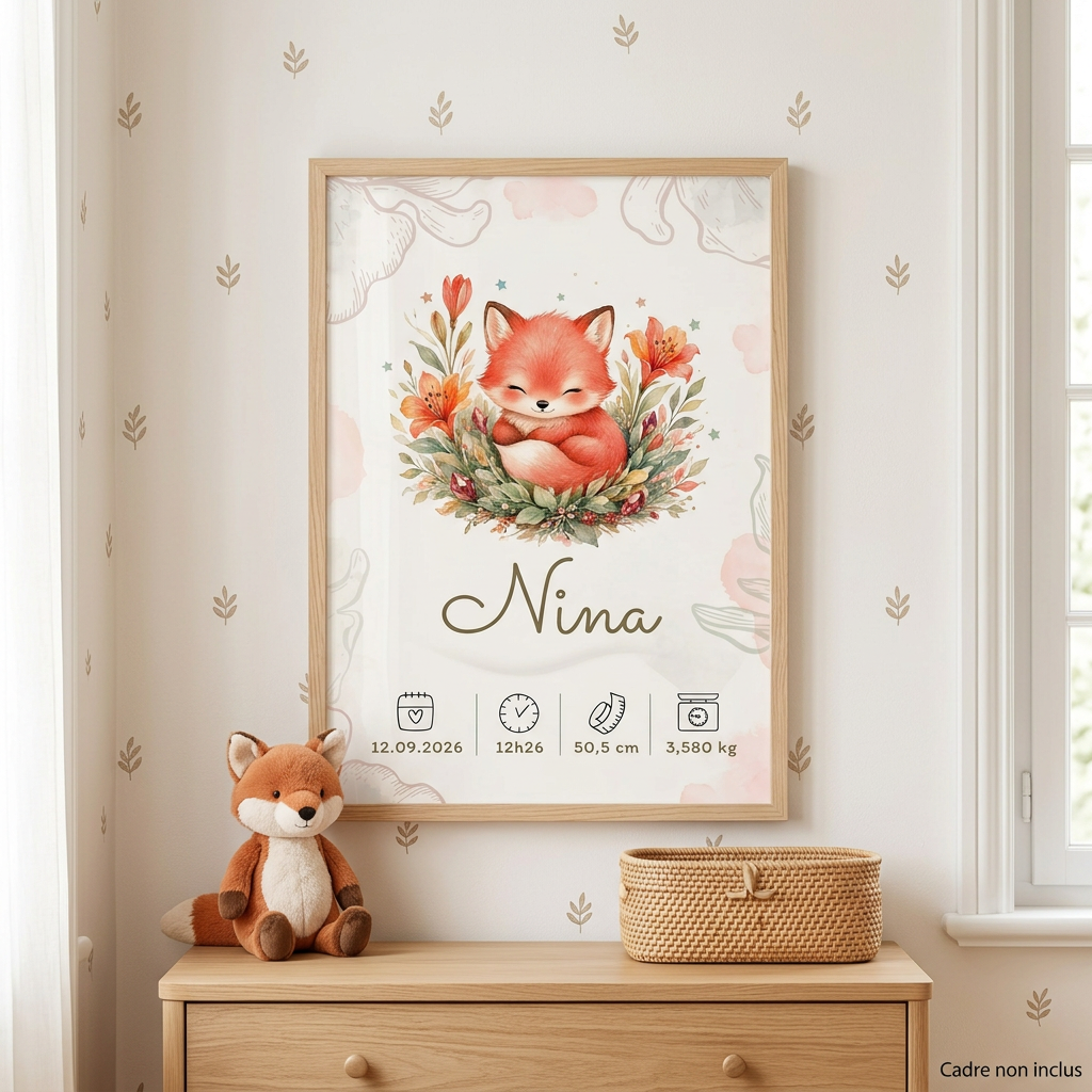 Poster Nina dans un cadre en bois clair, avec la mention « Cadre non inclus »