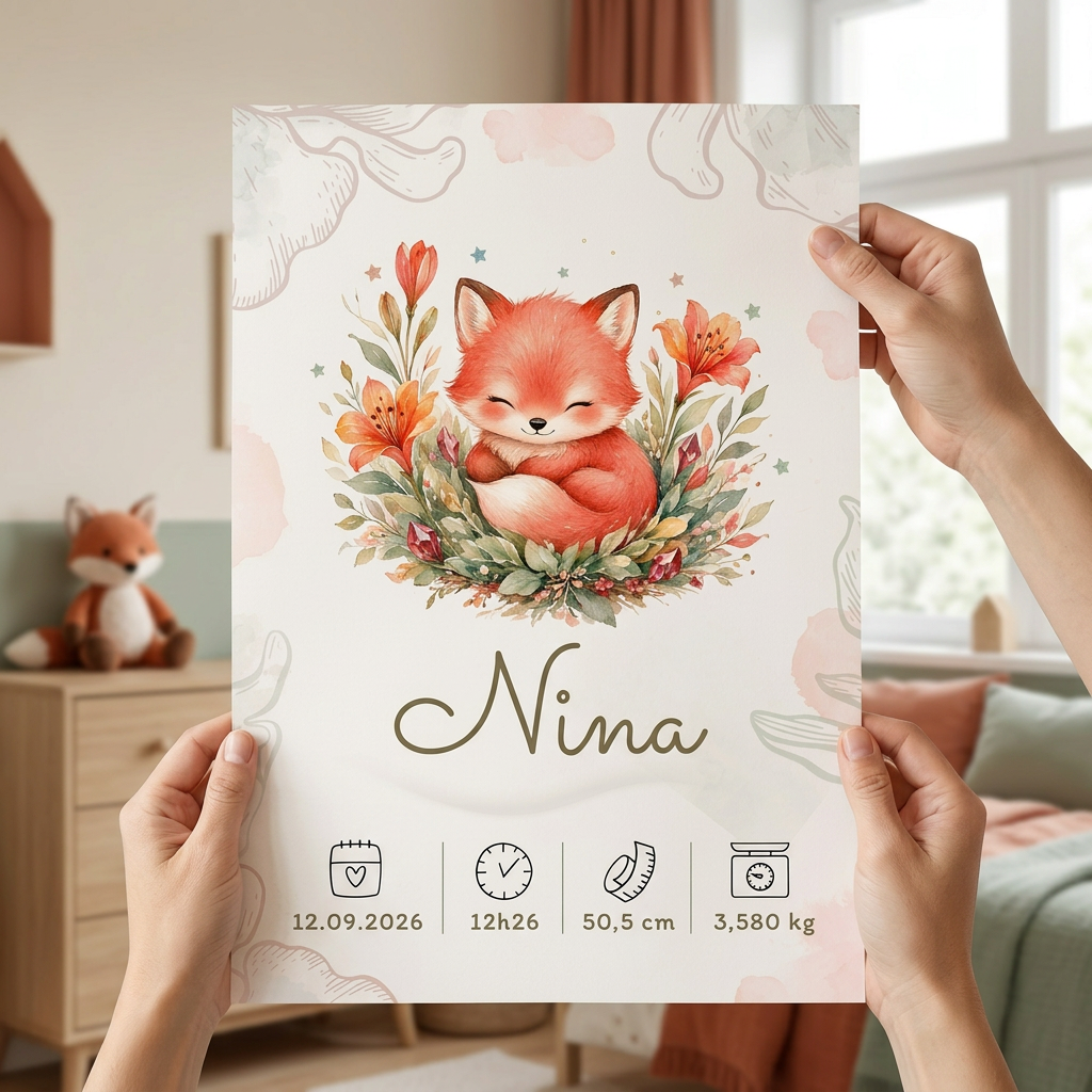 Poster Nina sans cadre tenu en main dans une chambre d’enfant