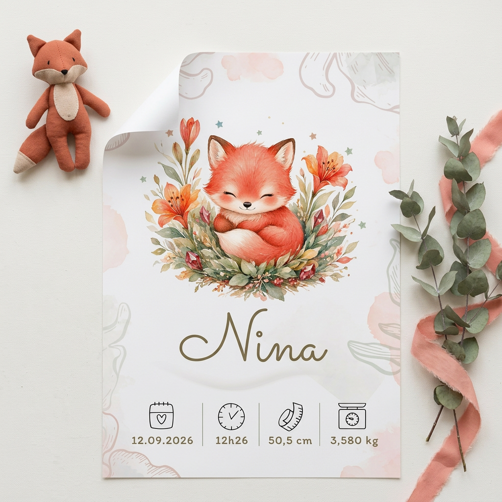 Poster Nina vu de dessus avec une peluche renard et des accessoires corail et sauge