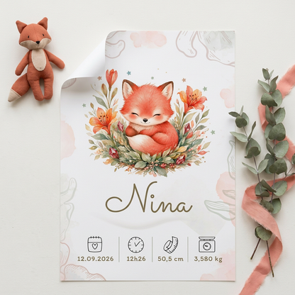 Poster Nina vu de dessus avec une peluche renard et des accessoires corail et sauge