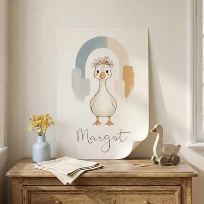 Poster Oie Margot posé contre un mur sur une commode, sans scotch
