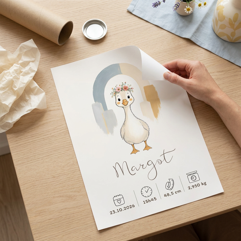 Poster Oie Margot près de son tube kraft, avec un coin du papier soulevé