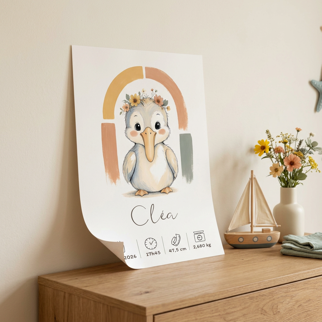 Poster Pélican Cléa posé contre un mur sur une commode