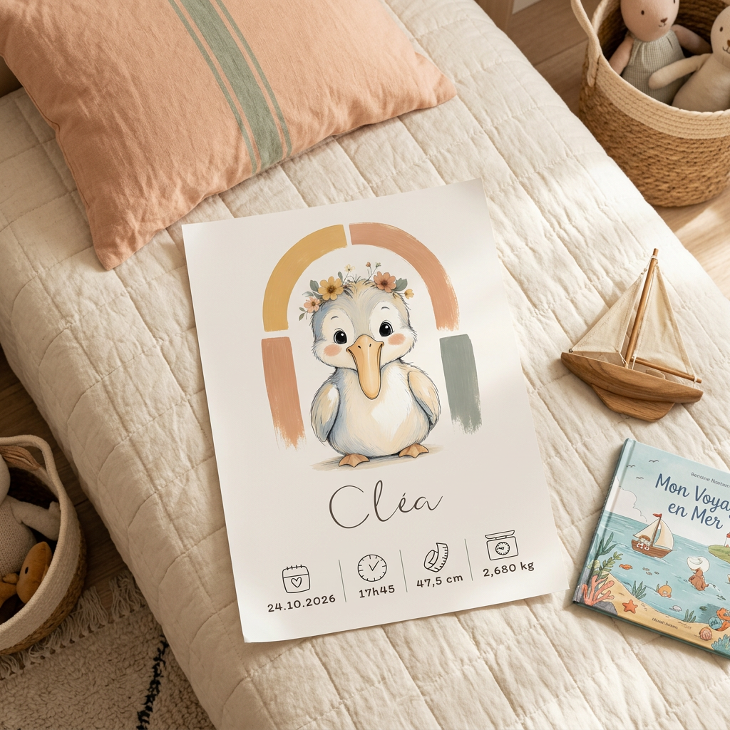 Poster Pélican Cléa sur un lit d’enfant, décoration côtière douce