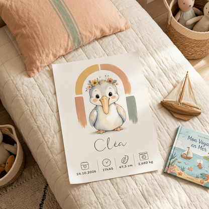 Poster Pélican Cléa sur un lit d’enfant, décoration côtière douce