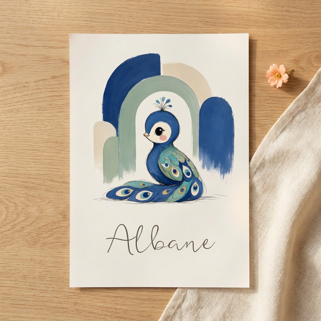 Poster paon Albane prénom seul posé à plat sur une table