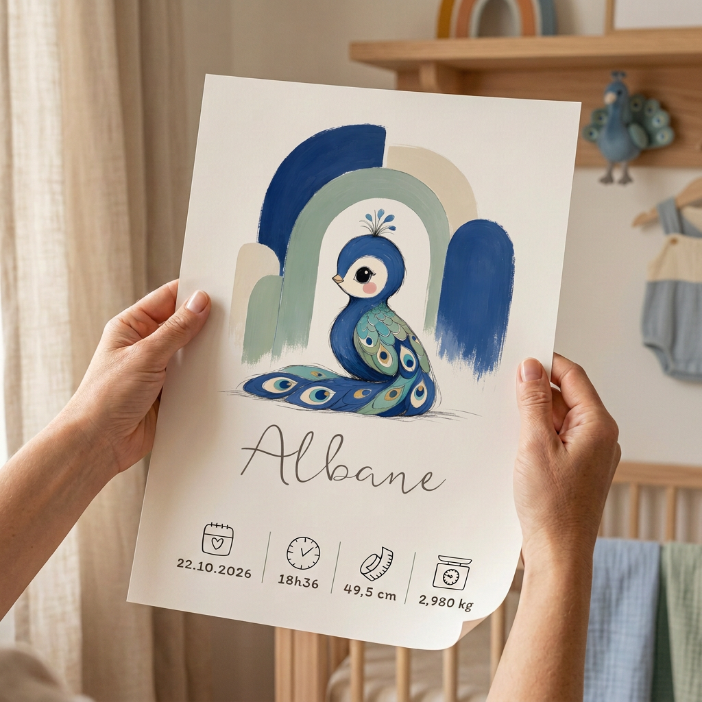 Poster paon Albane sans cadre tenu entre deux mains