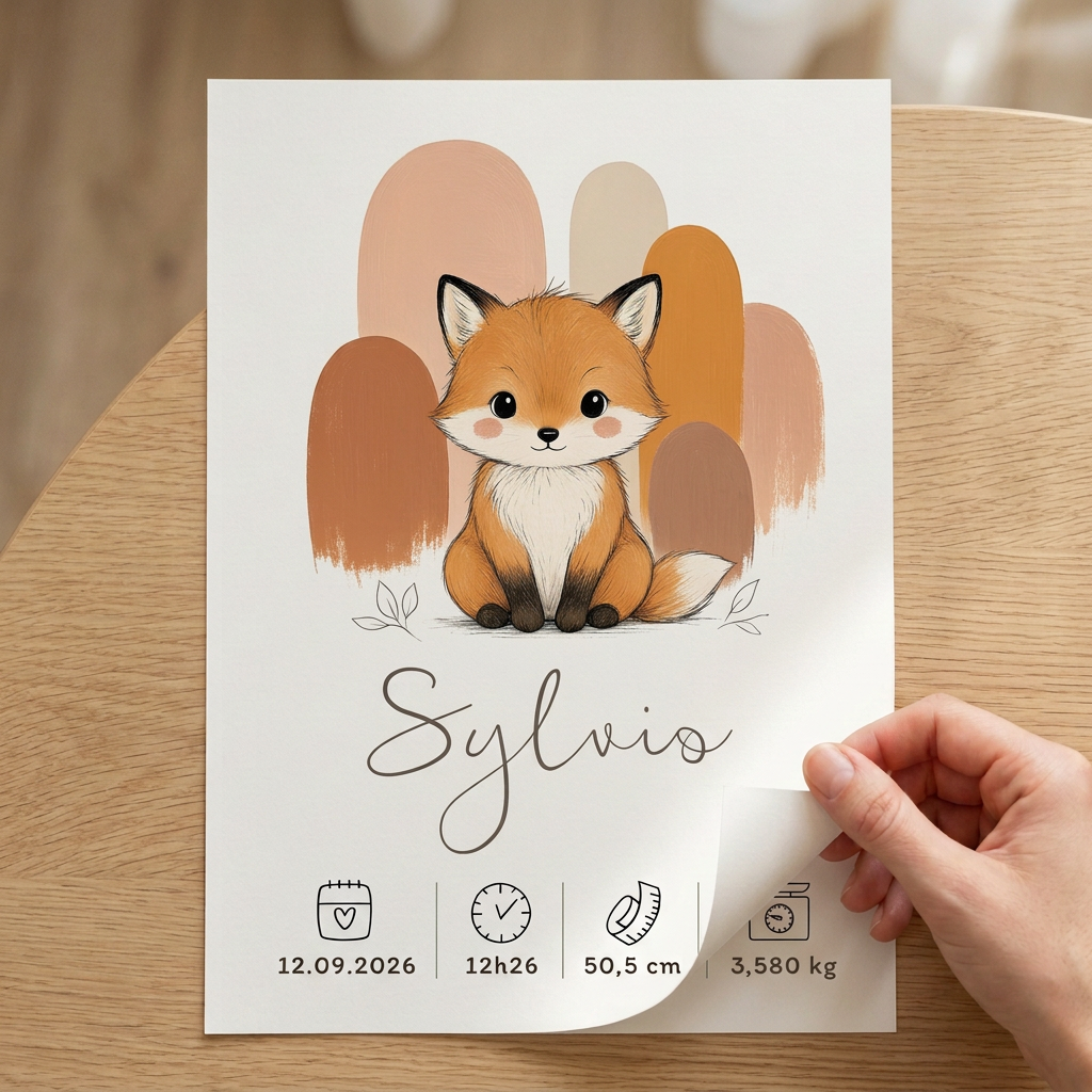 Poster renard Sylvio sur une table, avec un coin soulevé