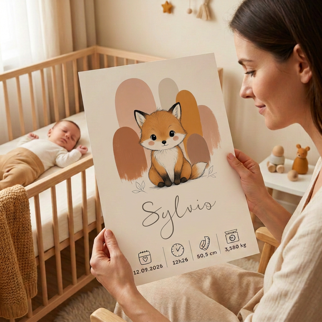Poster renard Sylvio tenu par une maman près de son bébé