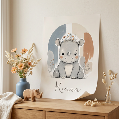 Poster Rhinocéros Kiara posé contre un mur sur une commode