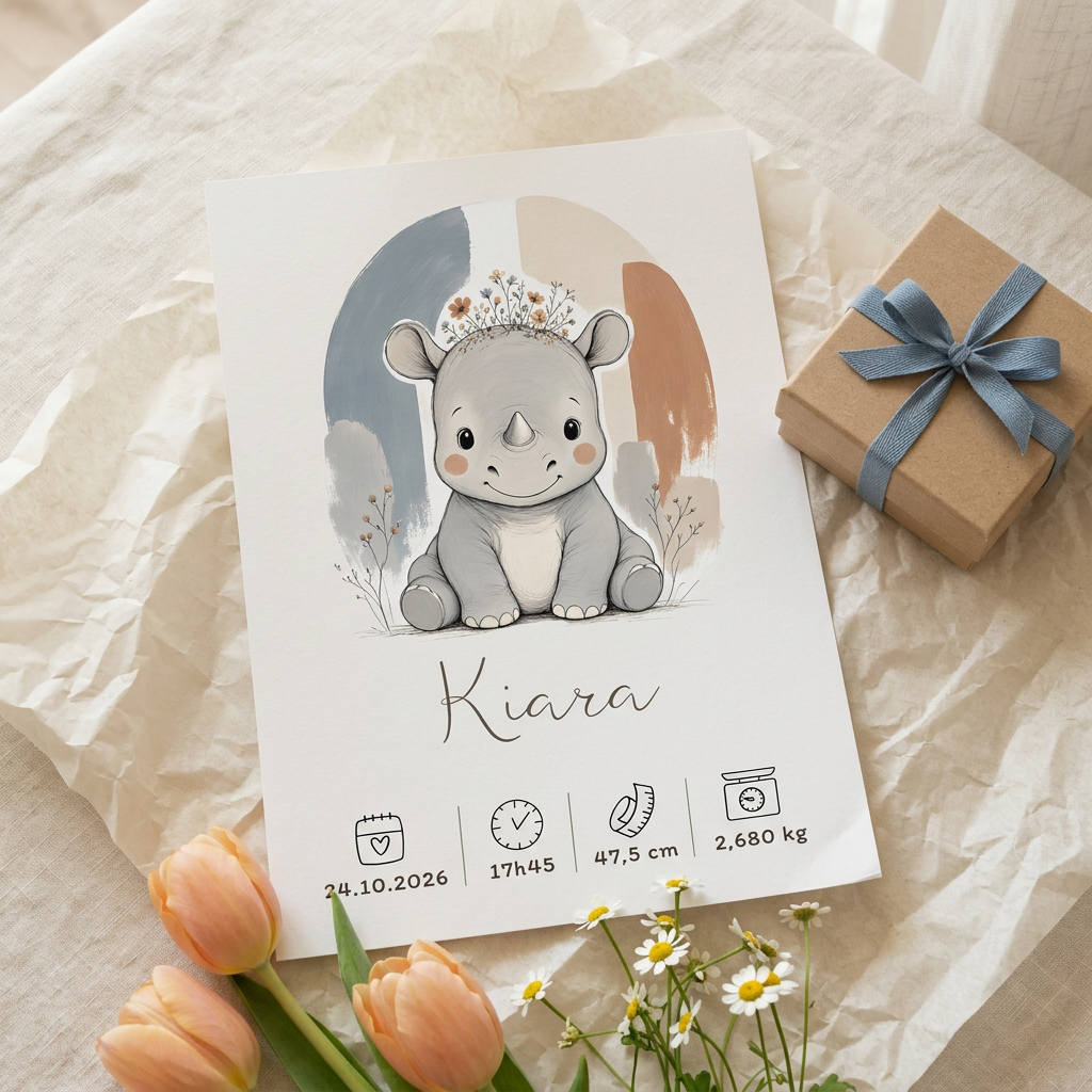 Poster Rhinocéros Kiara présenté en cadeau dans du papier de soie