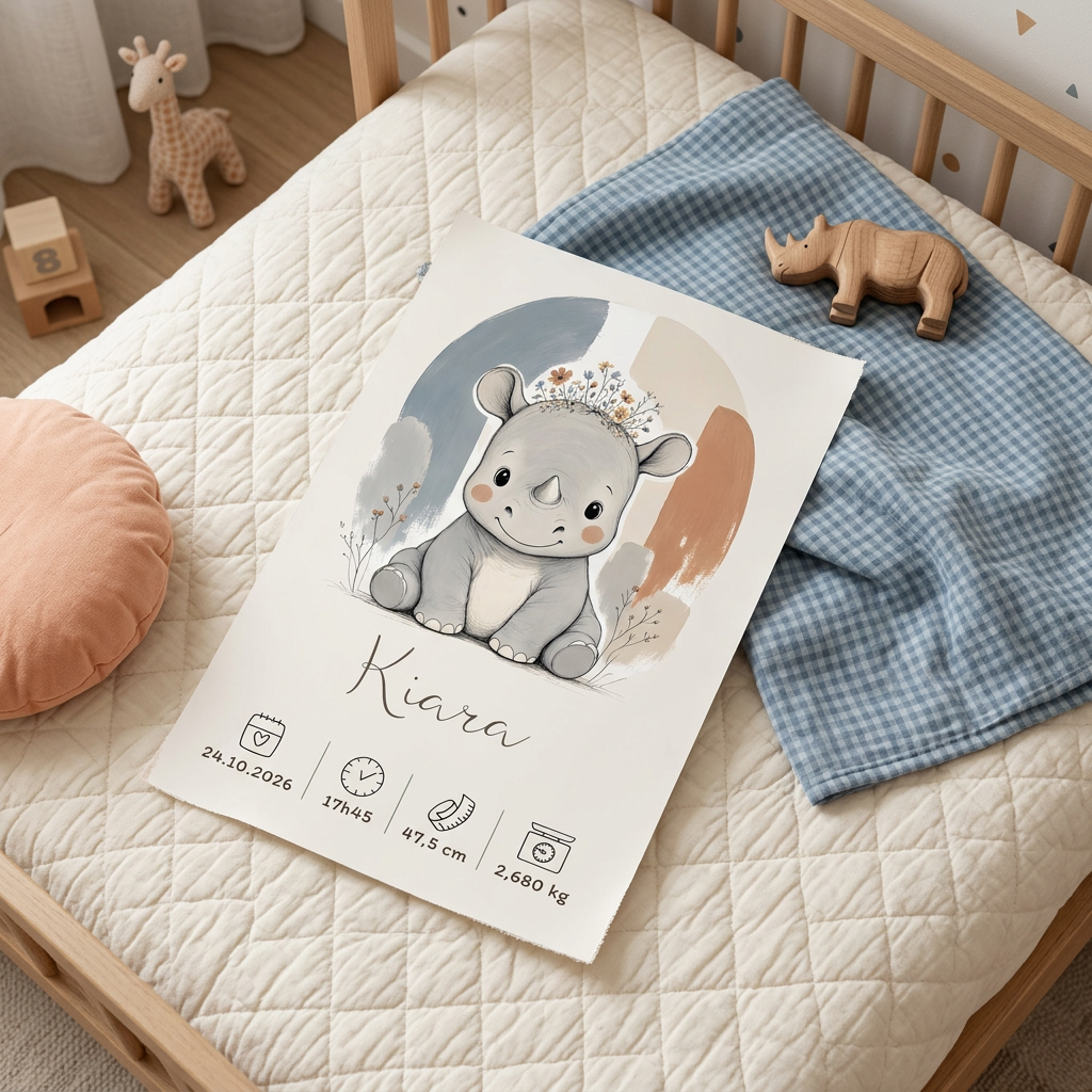 Poster Rhinocéros Kiara sur un lit d’enfant, ambiance crème et bleu doux