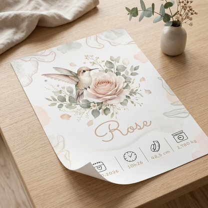 Poster de naissance Rose personnalisé – Colibri et rose, sans cadre