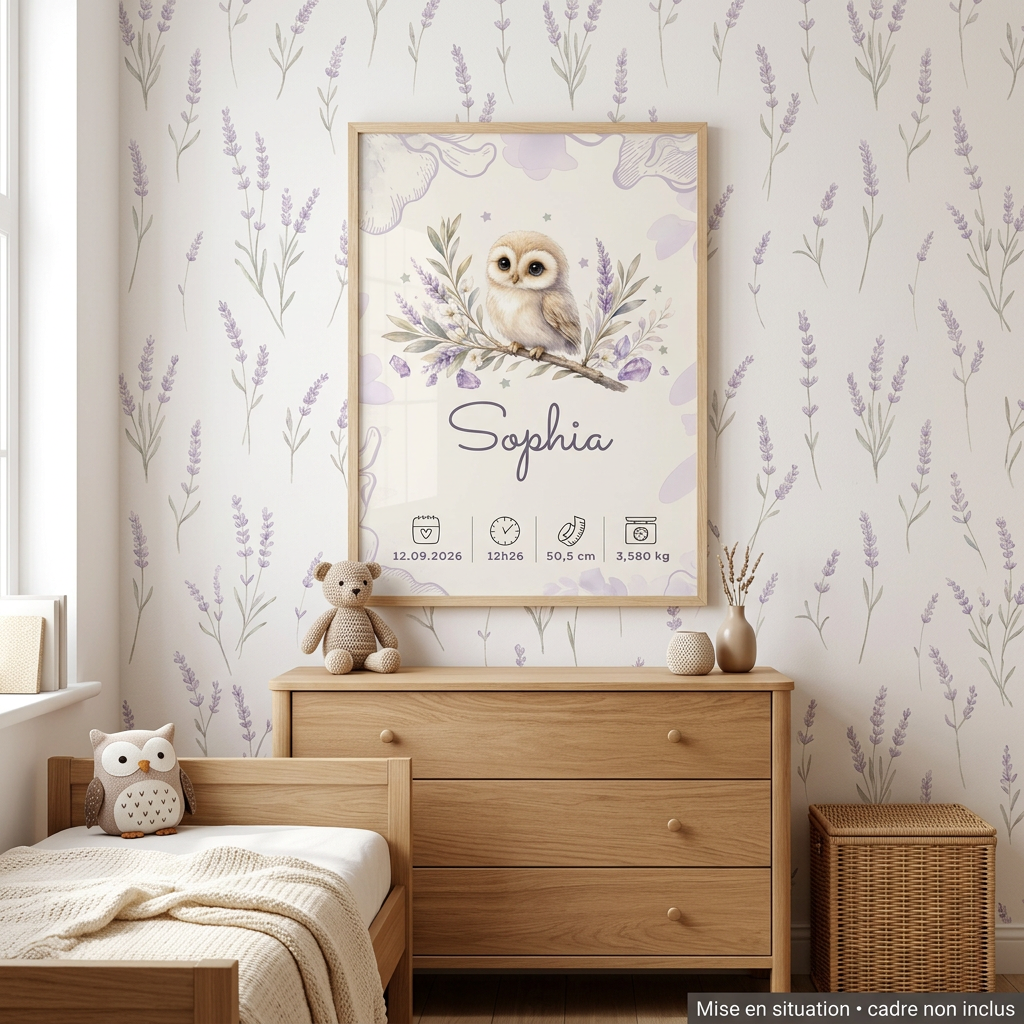 Poster Sophia encadré dans une chambre d’enfant crème et lavande, avec la mention « cadre non inclus »