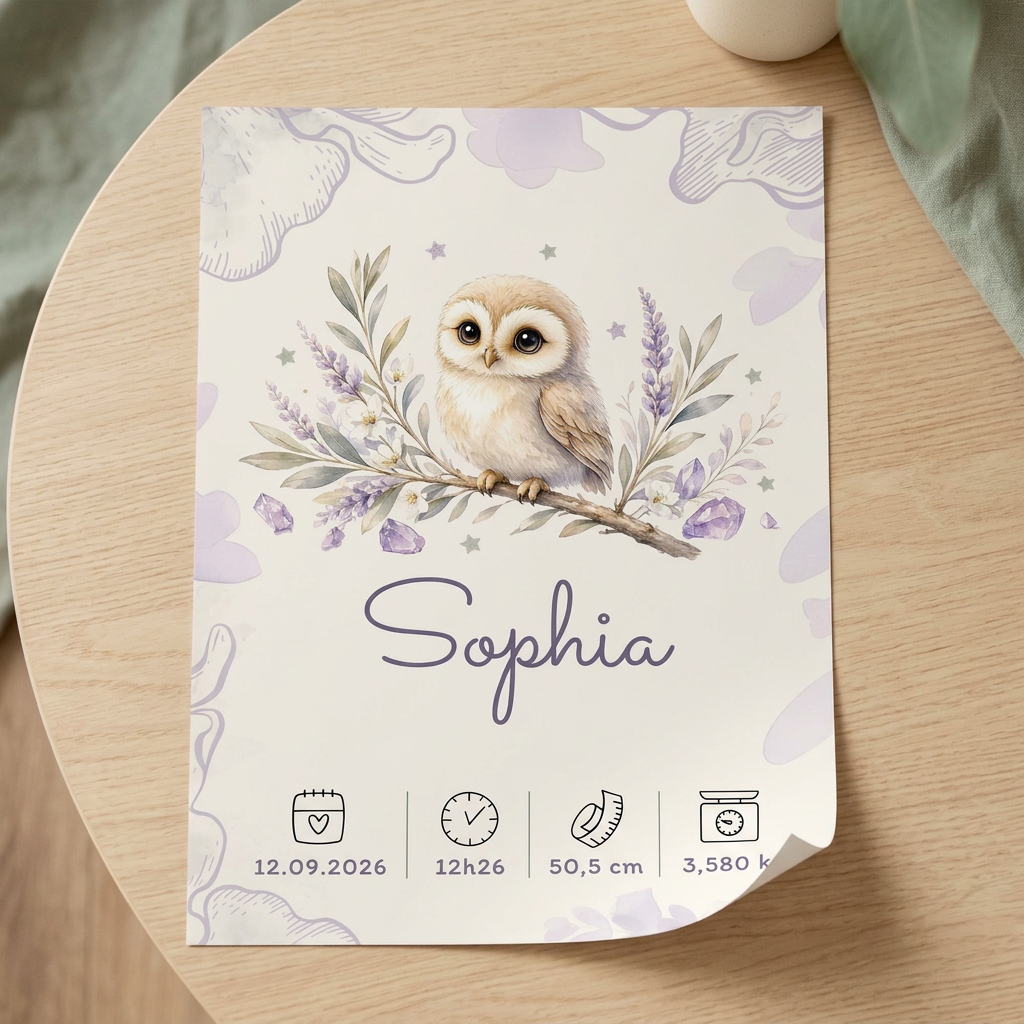 Poster Sophia sans cadre posé sur une table en bois clair, avec le bord du papier légèrement courbé