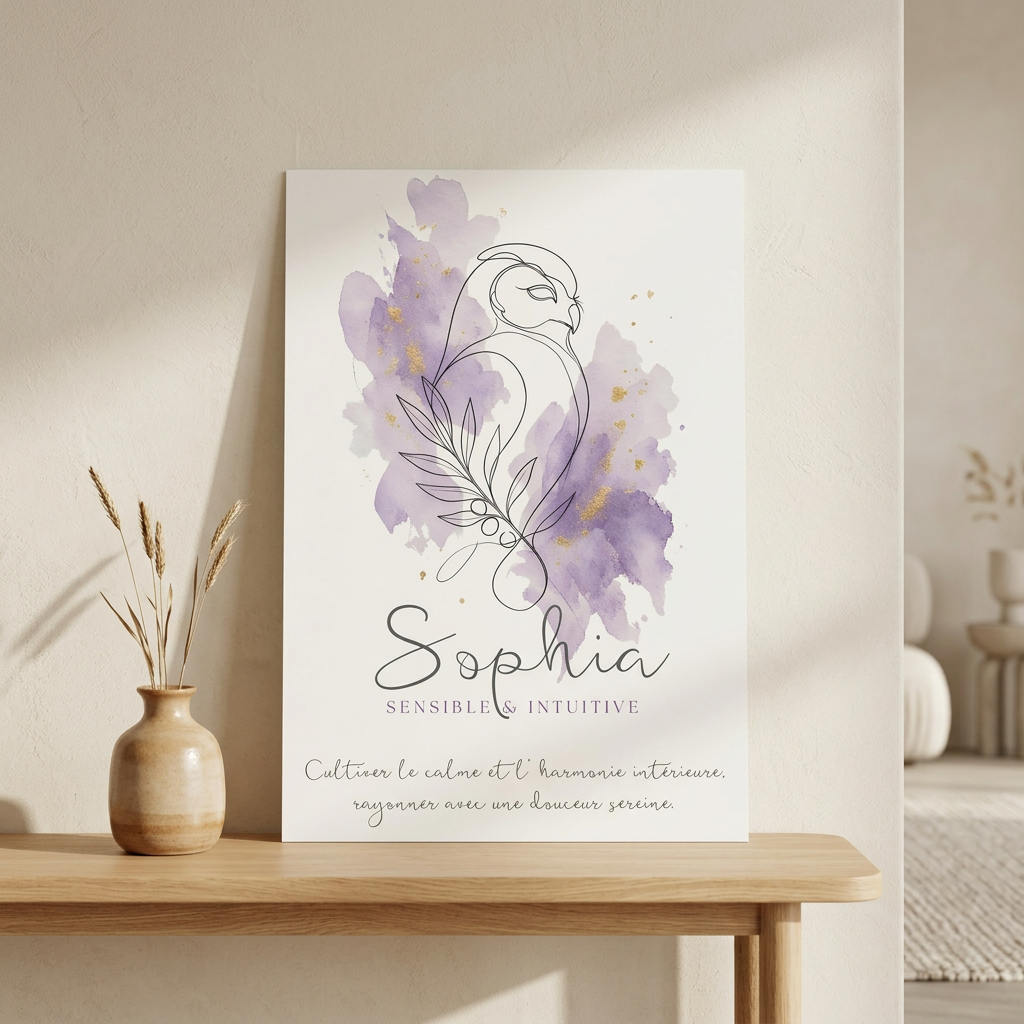 Poster Sophia sans cadre présenté sur une console en bois clair
