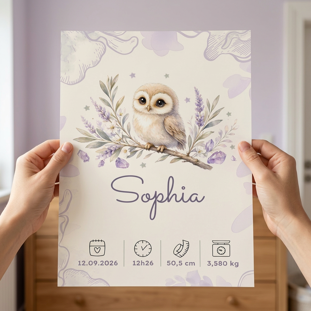 Poster Sophia tenu en main dans une chambre d’enfant