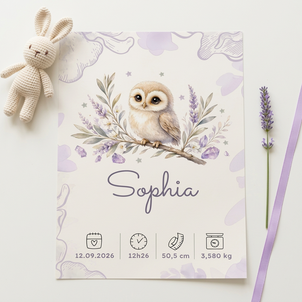 Poster Sophia vu de dessus avec des accessoires crème et lavande