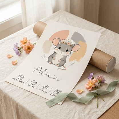 Poster souris Alicia avec tube kraft et fleurs