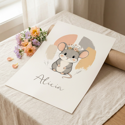 Poster souris Alicia prénom seul posé sur du lin