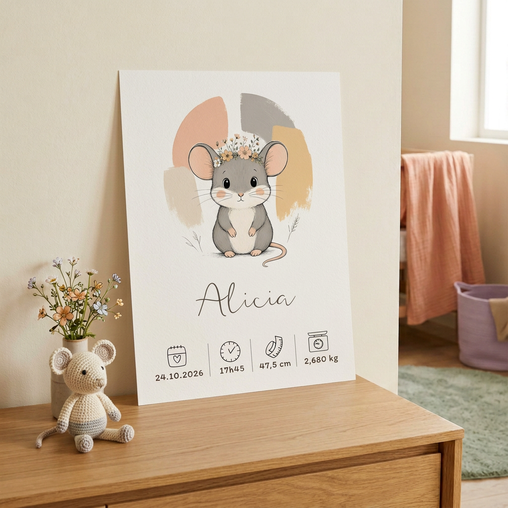 Poster souris Alicia sans cadre sur une commode