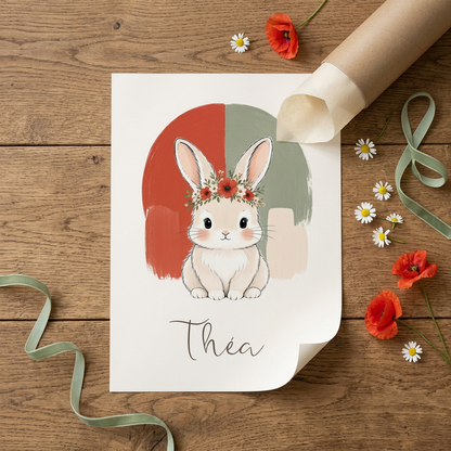 Poster Théa près de son tube kraft, fleurs et ruban sauge
