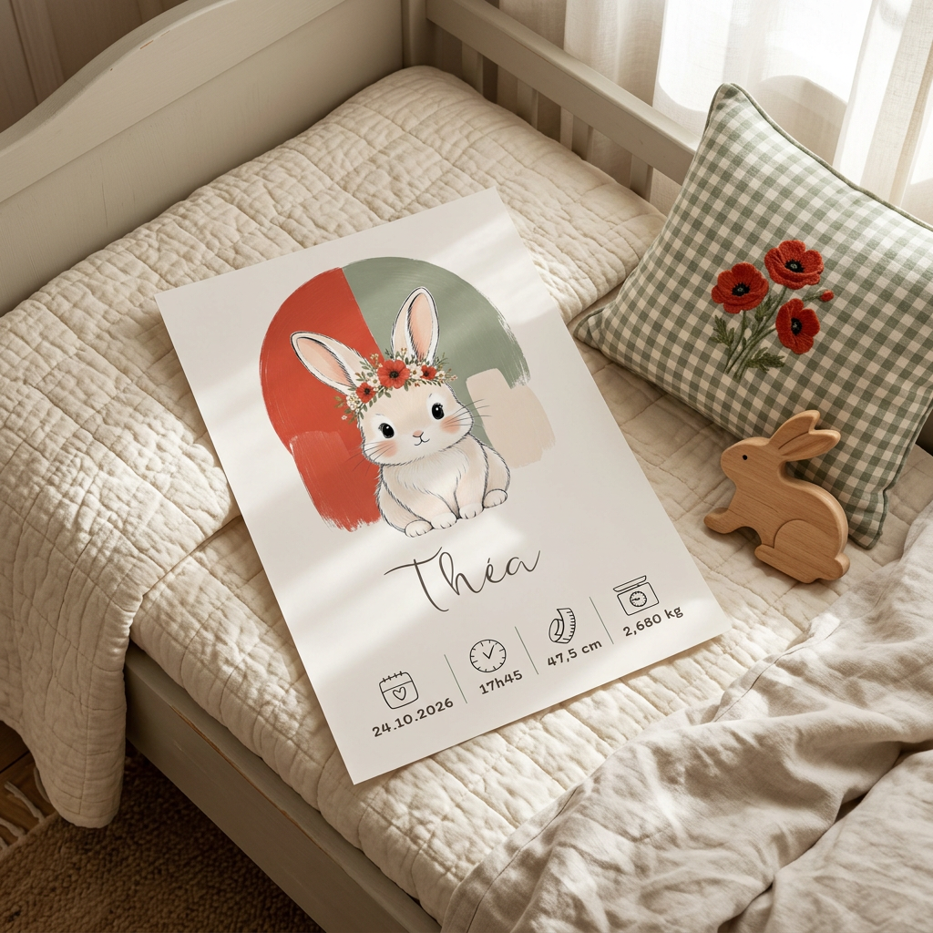 Poster Théa sur un lit d’enfant, décoration coquelicot et sauge