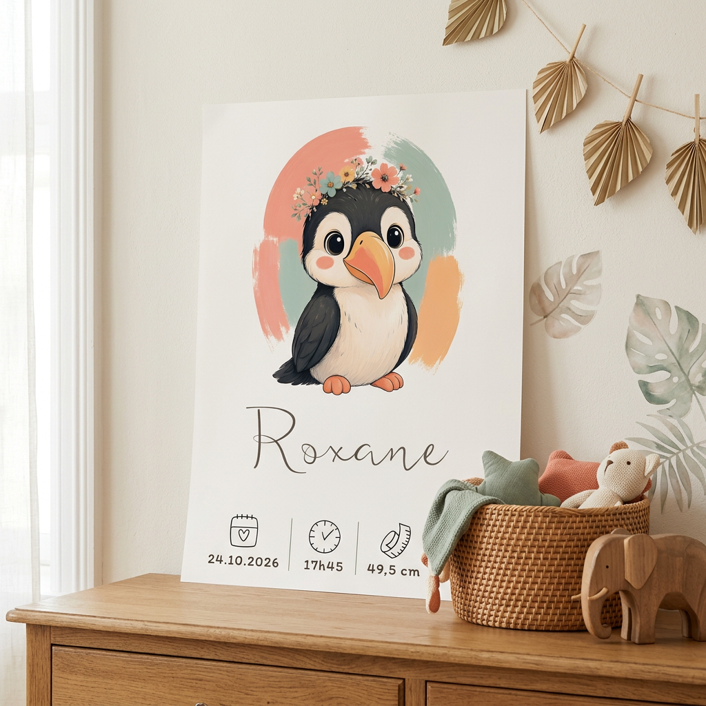Poster Toucan Roxane posé contre un mur, sans cadre ni scotch