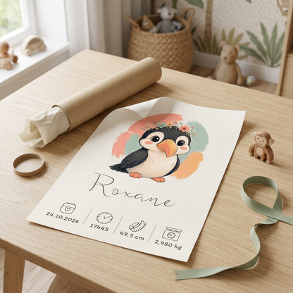 Poster Toucan Roxane près de son tube kraft, avec un coin relevé