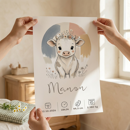 Poster vache Manon sans cadre dans une chambre champêtre