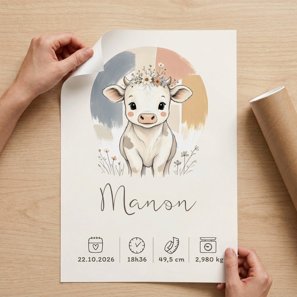 Poster vache Manon sur une table, avec les bords du papier visibles et un tube kraft à côté