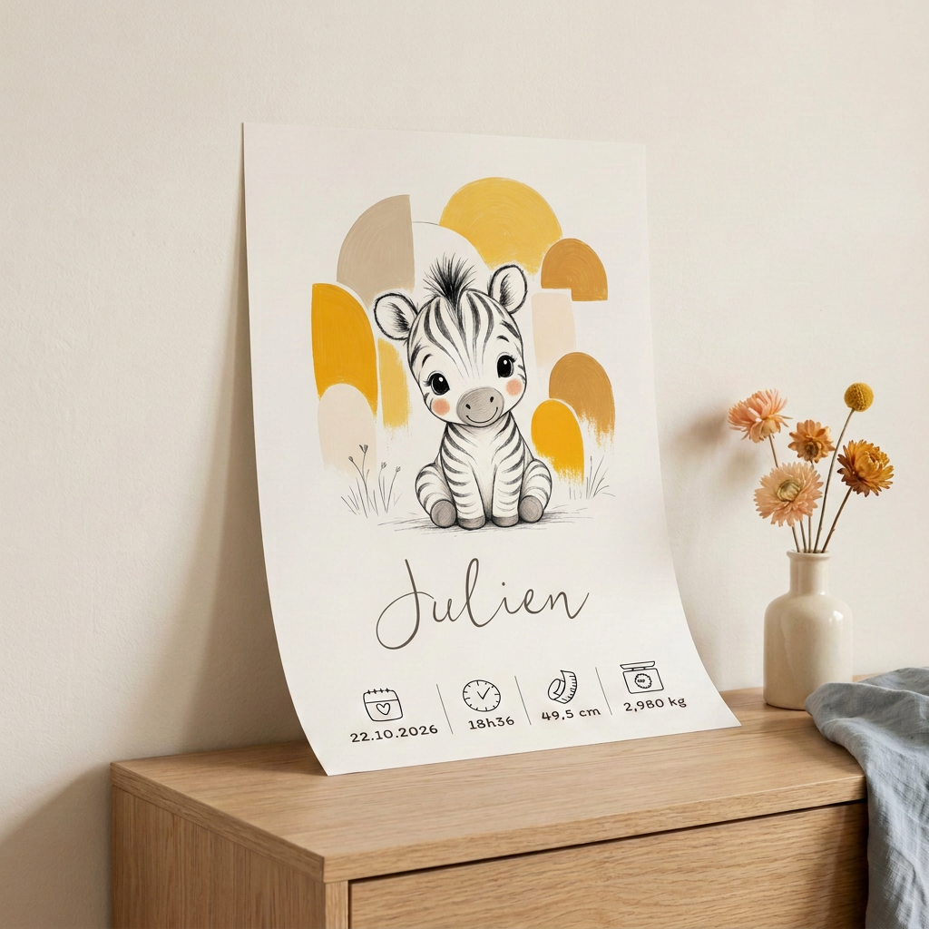 Poster zèbre Julien posé contre un mur, sans cadre ni scotch
