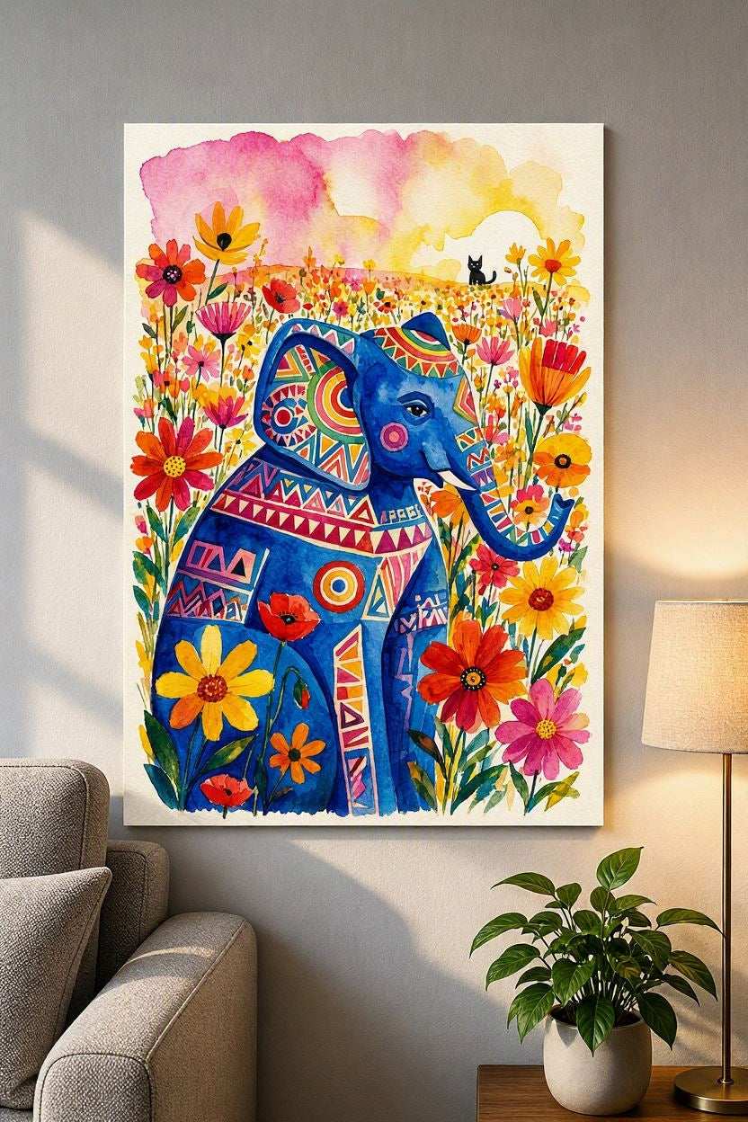Affiche éléphant bleu — poster aquarelle artistique porte‑bonheur pour décoration intérieure