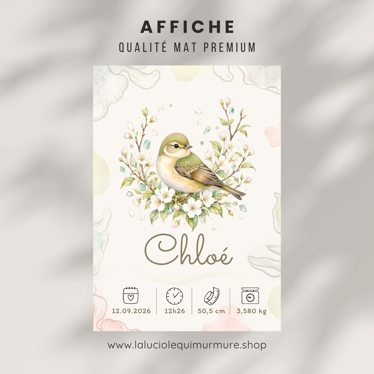 Poster de naissance Chloé personnalisé – sans cadre